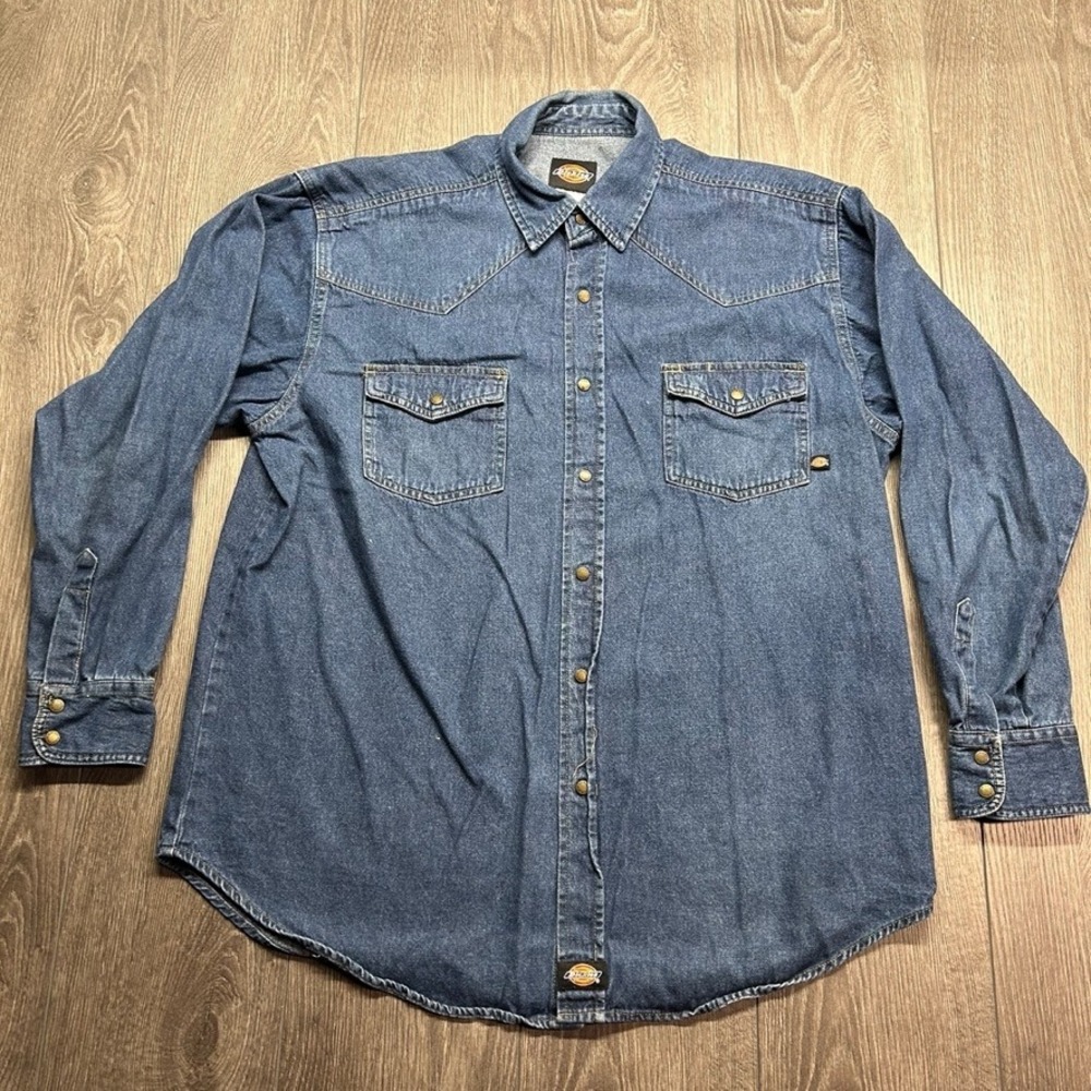 Vintage Dickies Mens Large Denim Western Snap Shirt Blue Long Sleeve Y2K